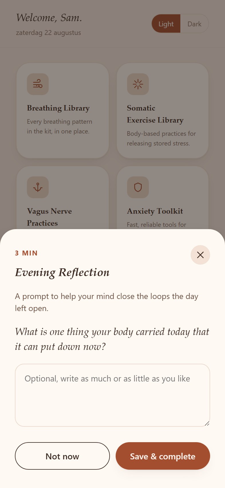 Journal Prompts screen in the Reset Kit app