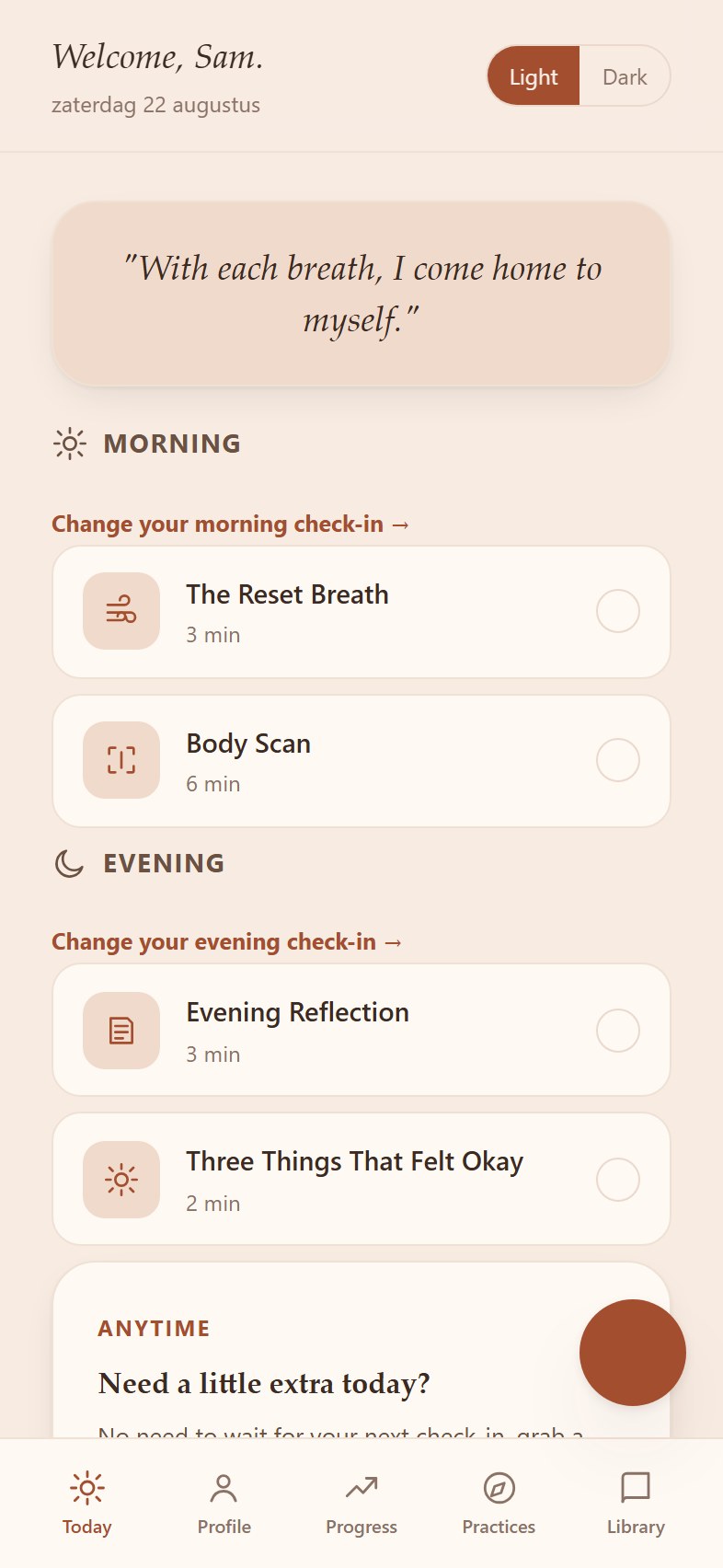 Today's Practice screen in the Reset Kit app